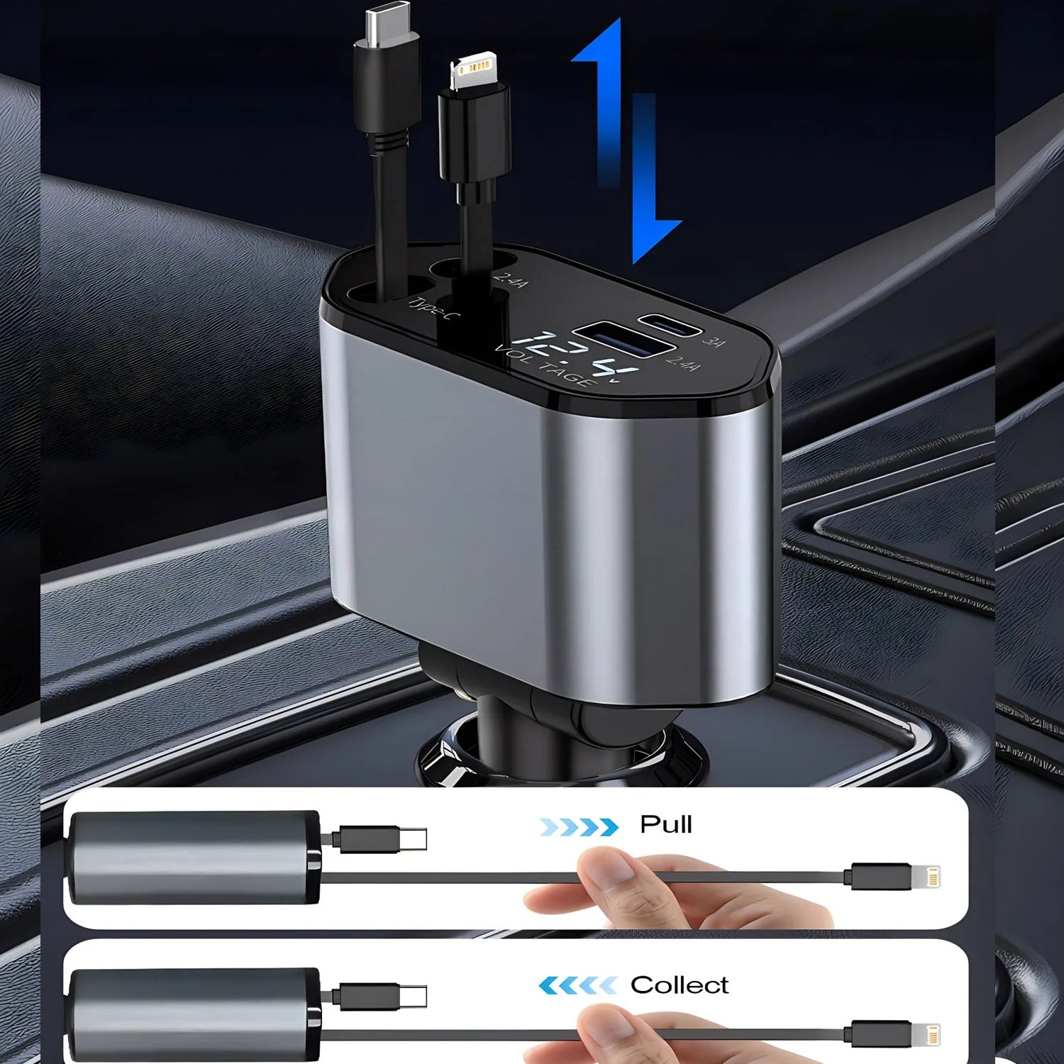 120W 4-in-1 USB-C Fast Car Charger with Retractable Cigarette Lighter Adapter for iPhone Samsung and more