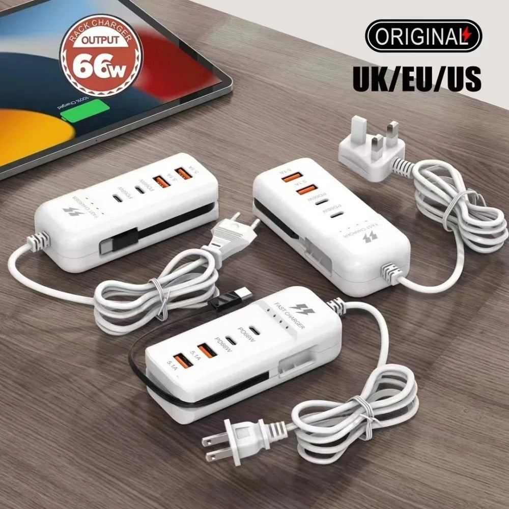 66W PD Fast Charging 4-Port USB Wall Charger – Multiport USB & Type-C Travel Adapter with EU/US/UK Plug