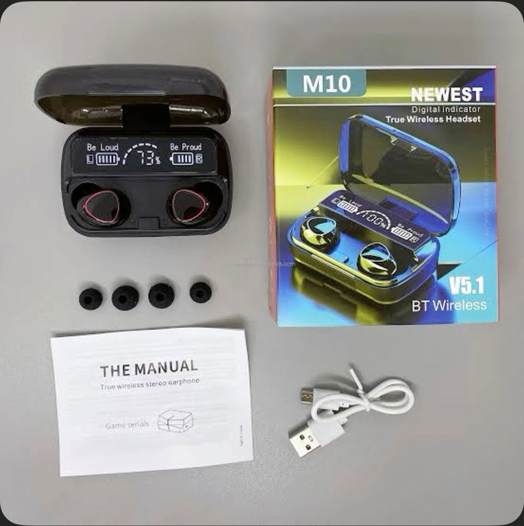 M10 Wireless Earbuds with USB Charging Port – Power Display, Deep Bass, Long Playtime