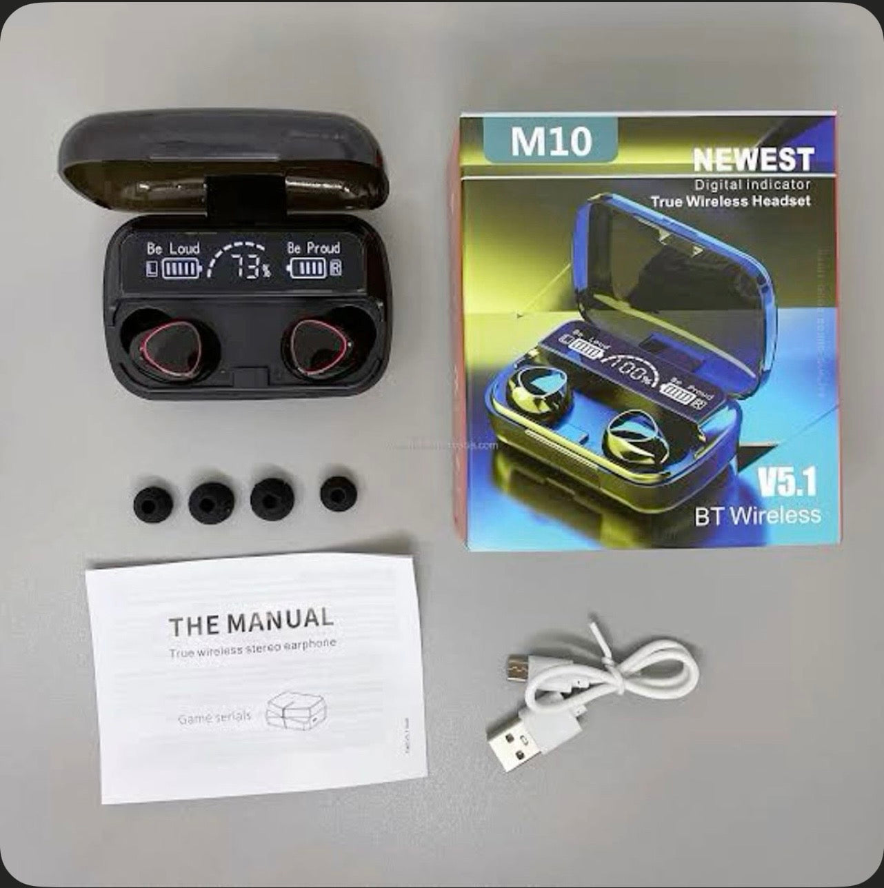 M10 Wireless Earbuds with USB Charging Port – Power Display, Deep Bass, Long Playtime