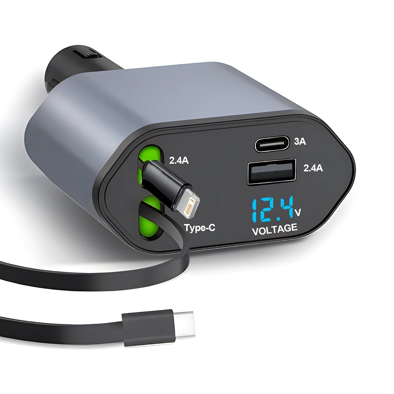 120W 4-in-1 USB-C Fast Car Charger with Retractable Cigarette Lighter Adapter for iPhone Samsung and more