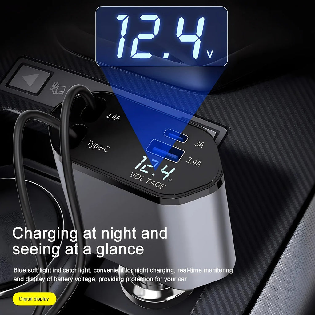 120W 4-in-1 USB-C Fast Car Charger with Retractable Cigarette Lighter Adapter for iPhone Samsung and more