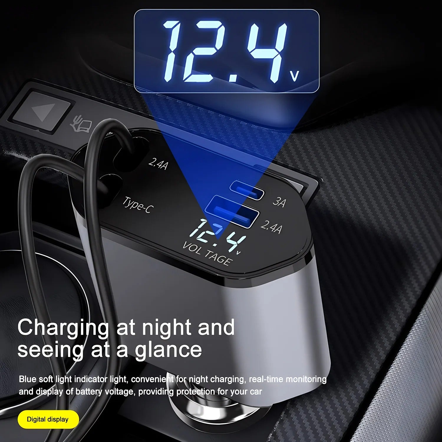 120W 4-in-1 USB-C Fast Car Charger with Retractable Cigarette Lighter Adapter for iPhone Samsung and more