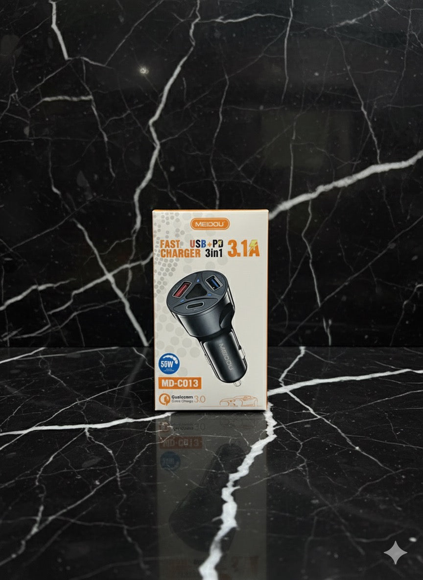 55W 3-in-1 Fast USB + PD Car Charger – Triple Port 3.1A High-Speed Vehicle Adapter For iPhone Samsung and more