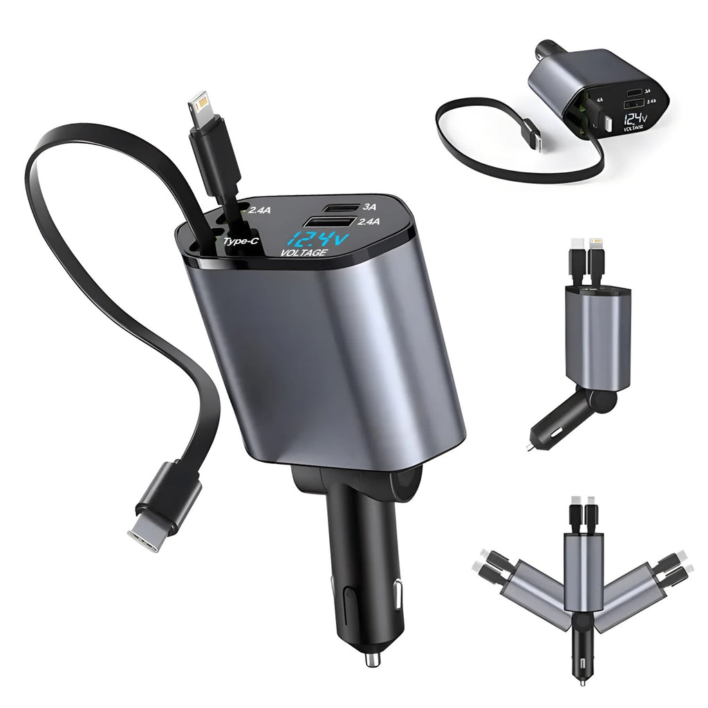 120W 4-in-1 USB-C Fast Car Charger with Retractable Cigarette Lighter Adapter for iPhone Samsung and more