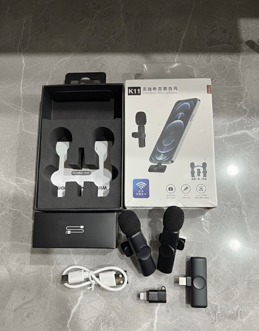 K11 Dual Wireless Microphone with Type-C & iPhone Receiver – Clear Sound, Plug & Play, Noise Cancellation