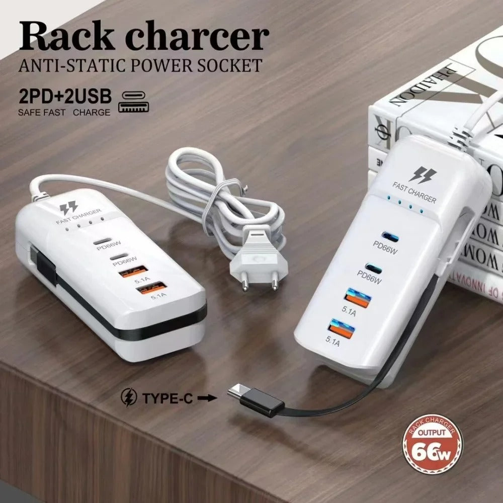 66W PD Fast Charging 4-Port USB Wall Charger – Multiport USB & Type-C Travel Adapter with EU/US/UK Plug