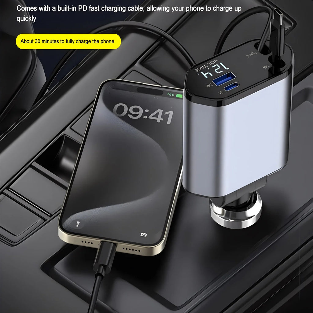 120W 4-in-1 USB-C Fast Car Charger with Retractable Cigarette Lighter Adapter for iPhone Samsung and more