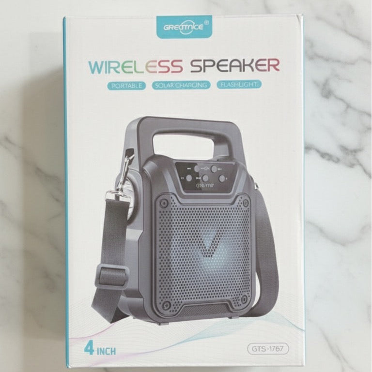 GTS 1767 Wireless Bluetooth Speaker with Dual Solar Panels – Deep Bass, LED Lights,