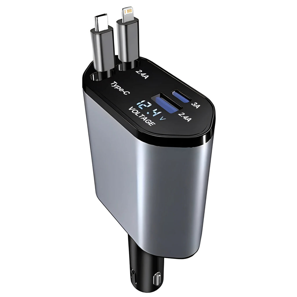 120W 4-in-1 USB-C Fast Car Charger with Retractable Cigarette Lighter Adapter for iPhone Samsung and more