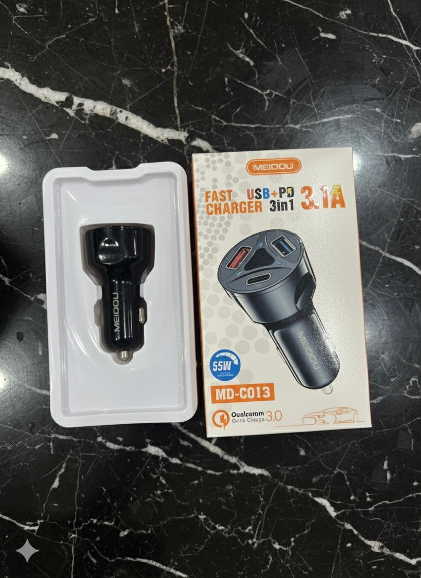 55W 3-in-1 Fast USB + PD Car Charger – Triple Port 3.1A High-Speed Vehicle Adapter For iPhone Samsung and more